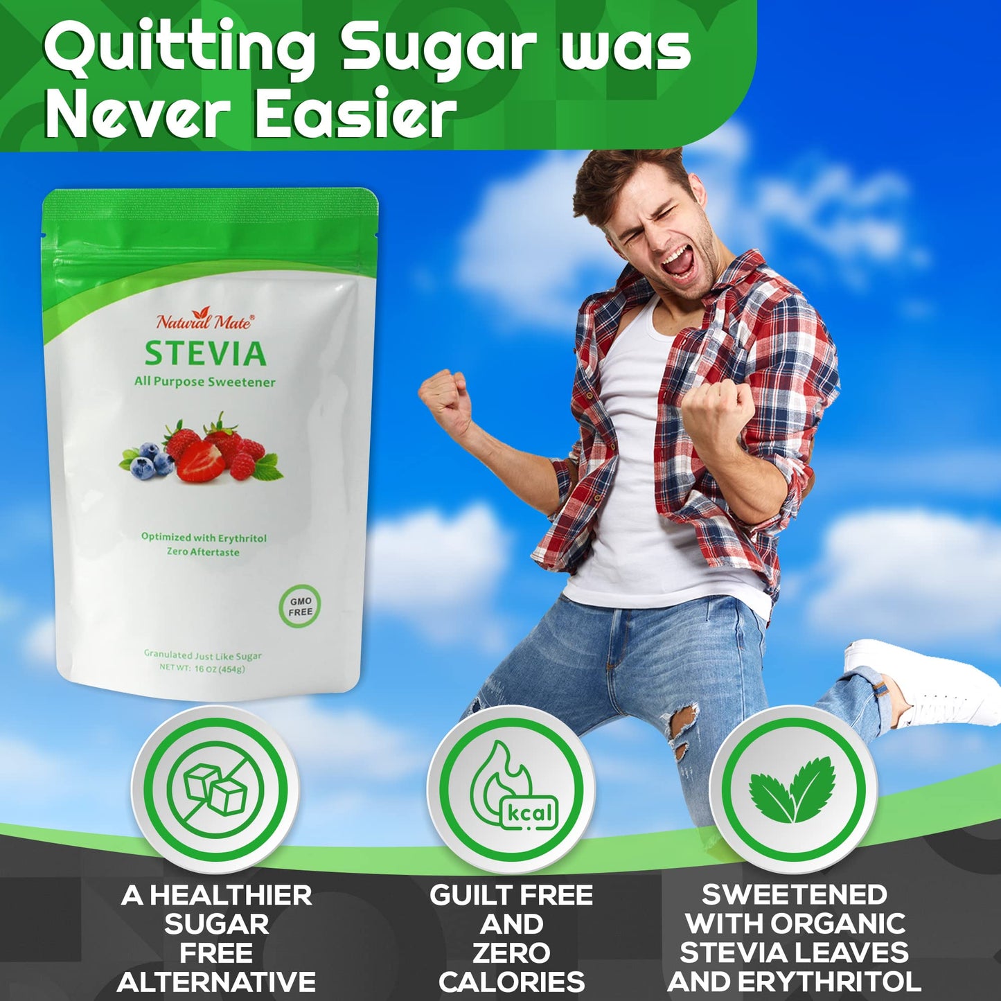 Natural Mate Zero Calorie Sweetener - Organic Stevia Granular Powder Blended With Erythritol - 2:1 Sugar Replacement For Keto, Paleo, Low Gi – (1Lb/16Oz, Pack Of 5)