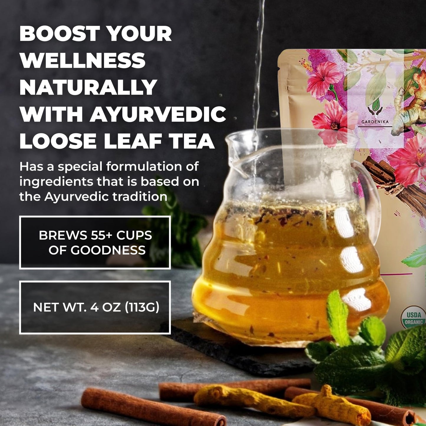 Gardenika Organic Loose Leaf Tea, Herbal, Caffeine-Free, Ayurvedic Blend, 4 oz