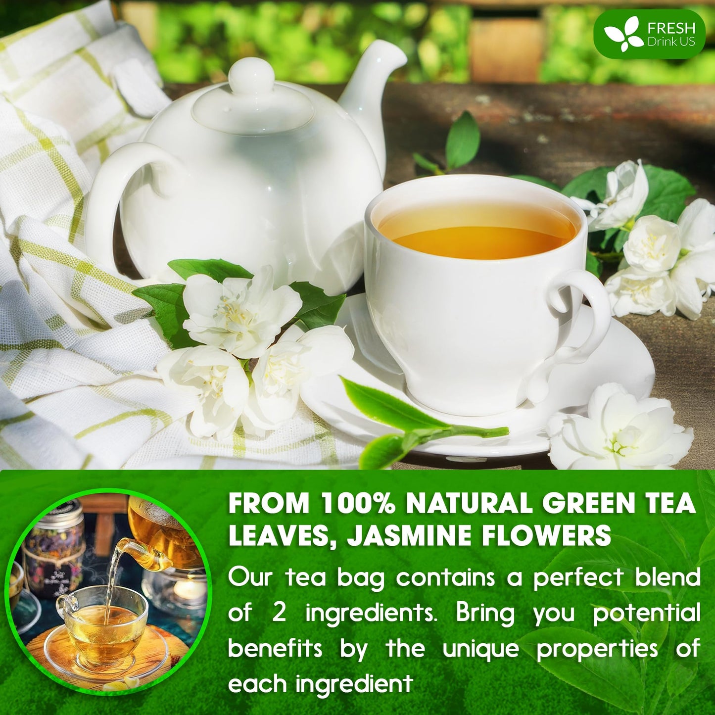 FRESHDRINKUS Jasmine Green Tea, 100% Natural, 20 Tea Bags, Vegan, No Sugar, No Gluten