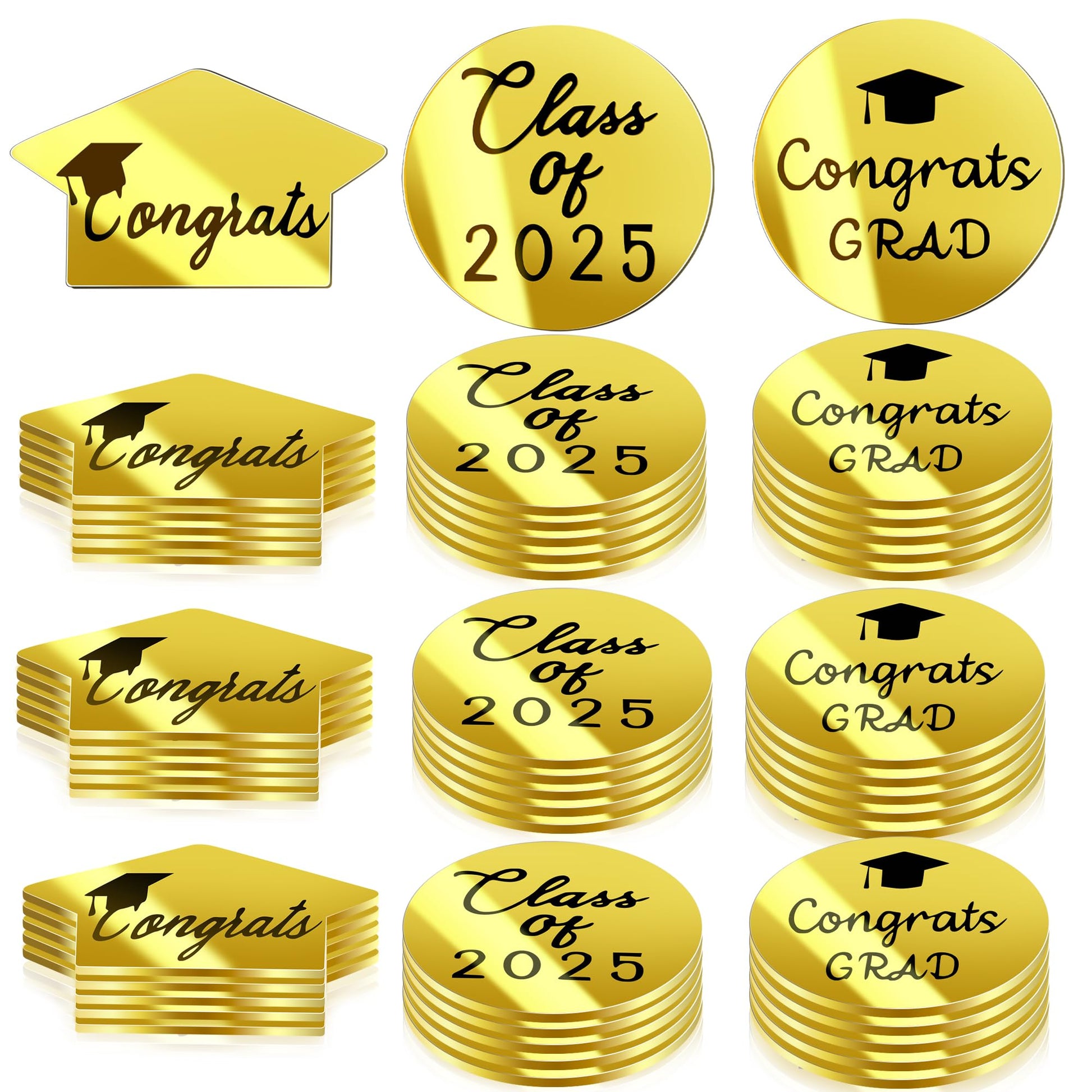 48 Pcs 2025 Graduation Acrylic Cupcake Toppers Mirror Acrylic Disc Cupcake Toppers for Graduation Cake Decorations,3 Styles Gold