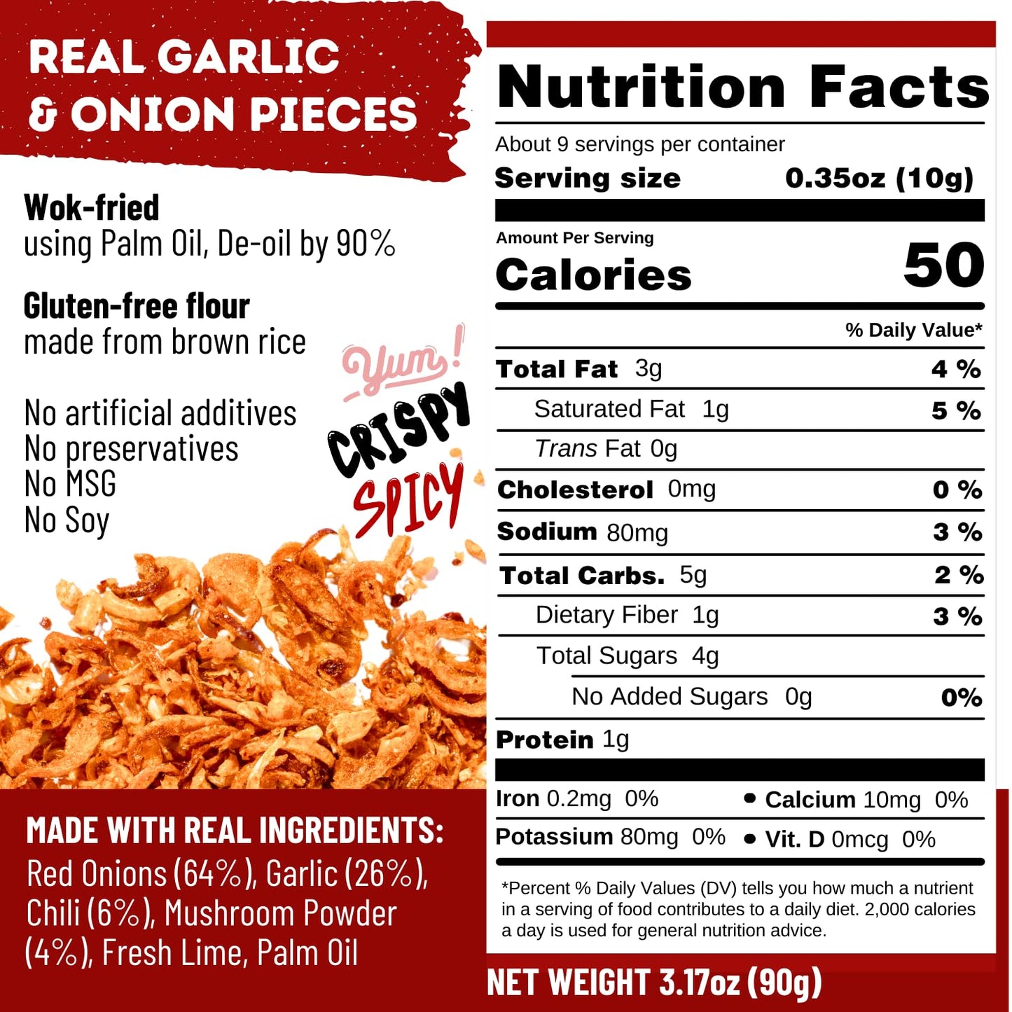 Maemai Medium Spice (Spicy) - Crispy Onions & Garlic Flakes - Crunchy All-Purpose Seasoning, Keto, Salad Toppings, Fried Onions - Ramen, Rice Seasoning, Vegan, Gluten-Free | 3.17Oz (90G)