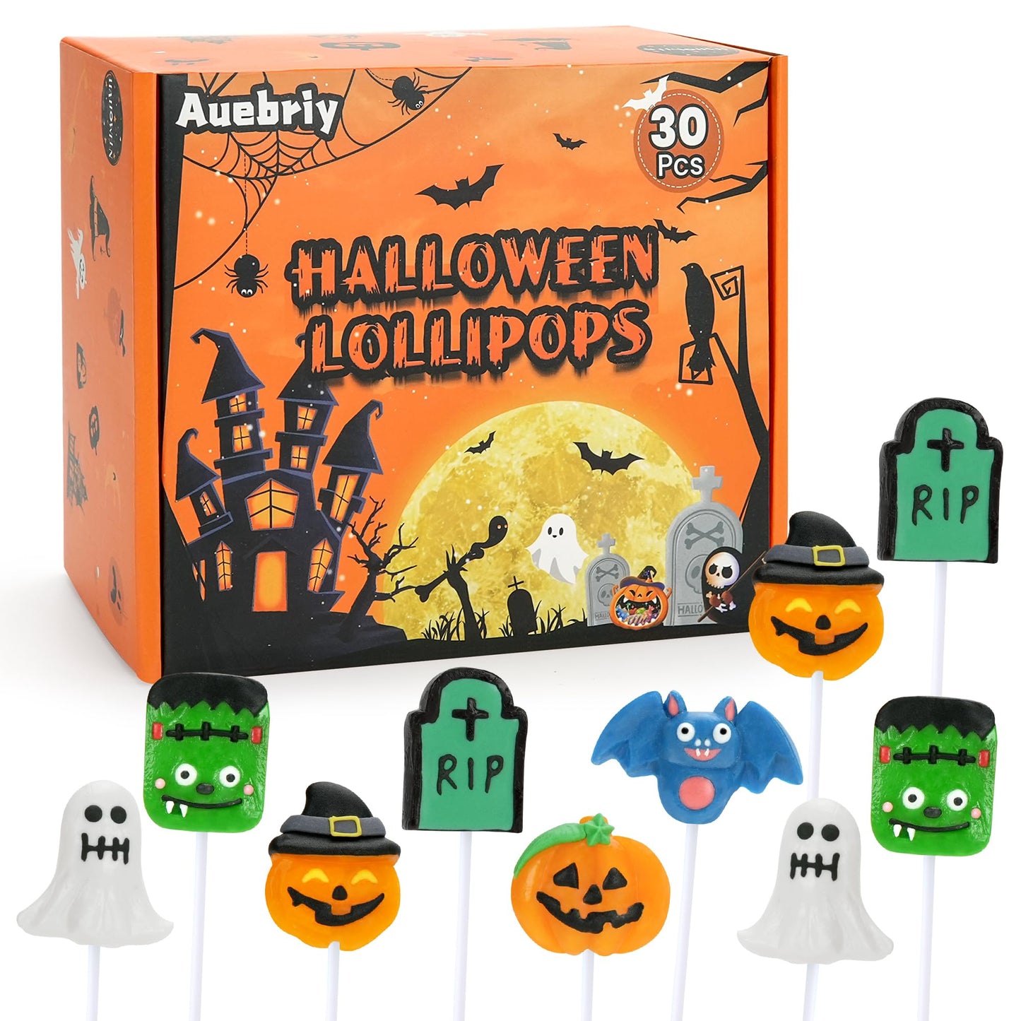 Auebriy Halloween Lollipop Suckers - 30 Pack Fruity Candy - Individually Wrapped - Colorful - Perfect for Trick or Treat and Party Favors
