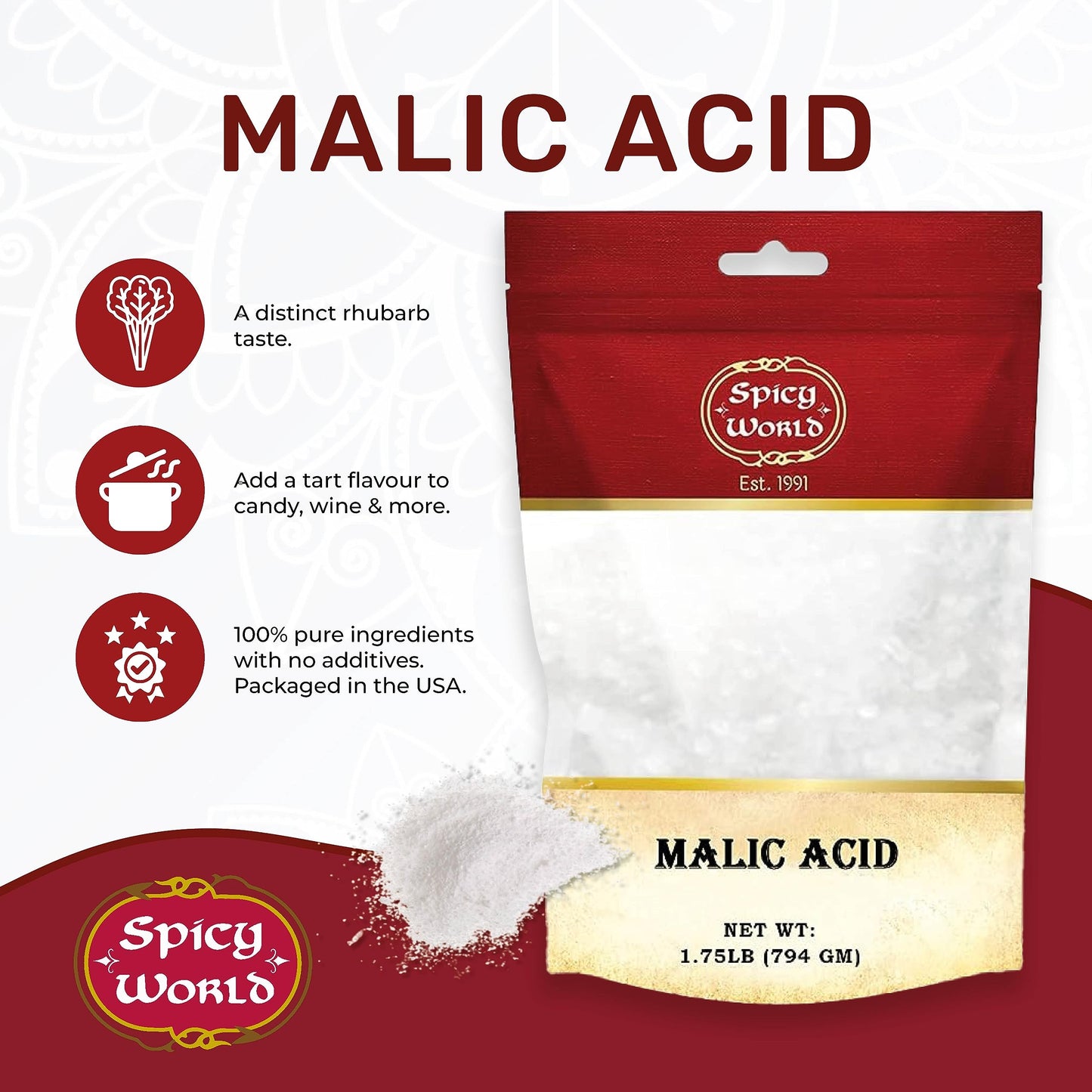 Spicy World Malic Acid Powder 1.75 LB (28oz) - Food Grade, Crystals, Tart Flavor - 1 Pack Each