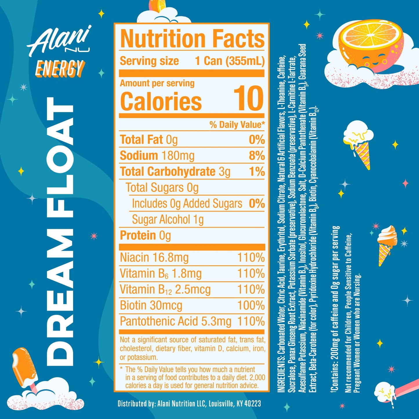 Alani Nu Dream Float Sugar Free  Low Calorie Energy Drinks | 200mg Caffeine | Pre Workout Performance with Antioxidants | Biotin B Vitamins | Zero Sugar | 15 Calories or Less | 12 Fl Oz Cans (24 Pack)