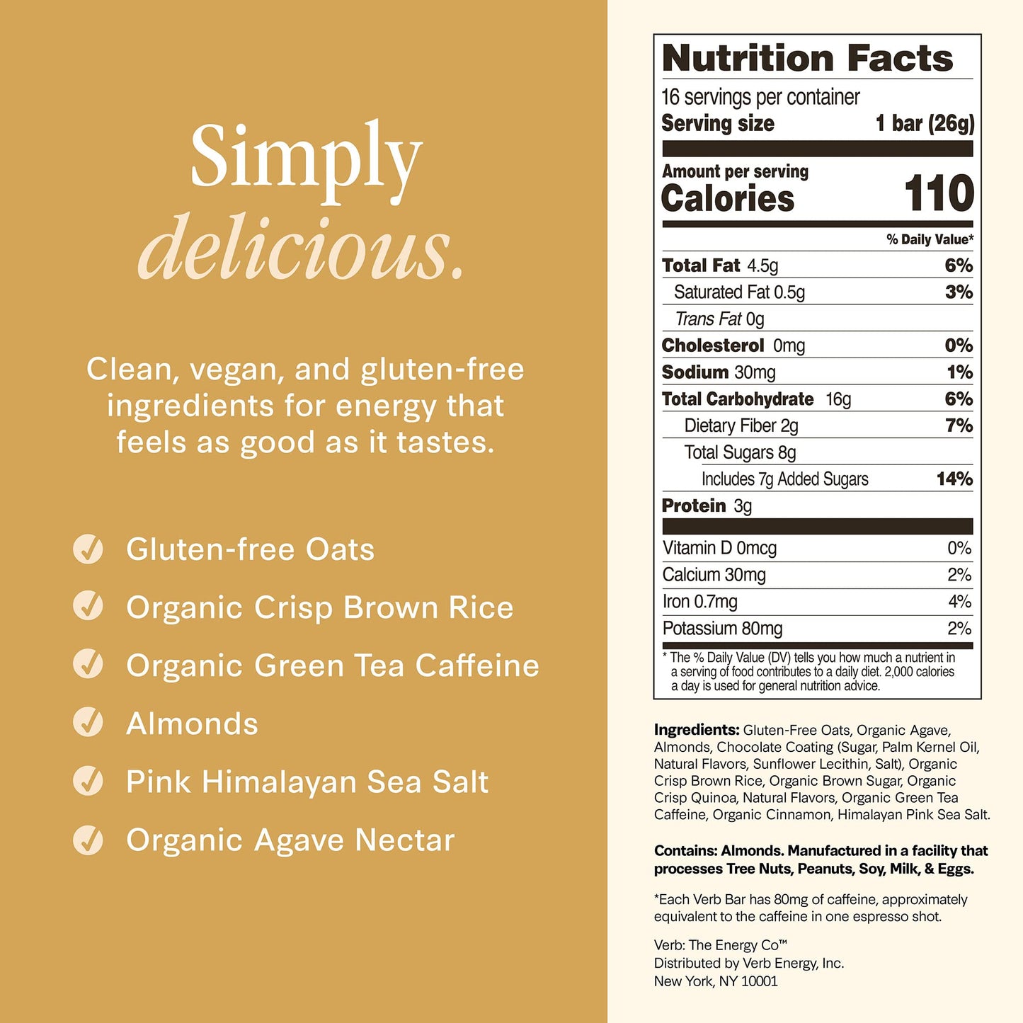 Verb Energy - Cinnamon Roll Caffeinated Snack Bars - 110-Calorie Low Sugar Energy Bar - Nutrition Bars - Vegan Snacks - Gluten F