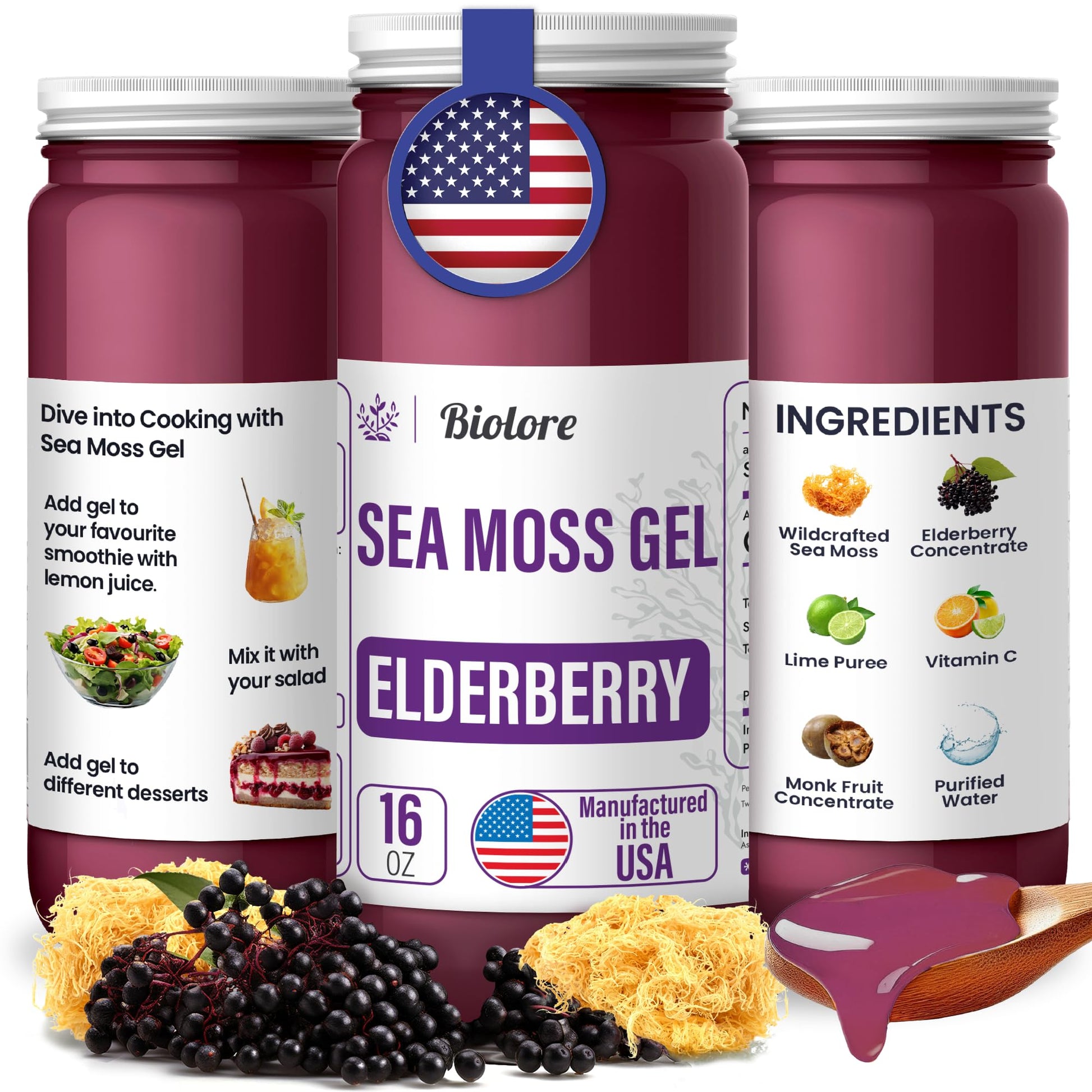 Biolore Sea Moss Gel - Elderberry 16Oz, Wildcrafted Irish Seamoss With Essential Vitamins & Trace Minerals, Vegan Superfood Made