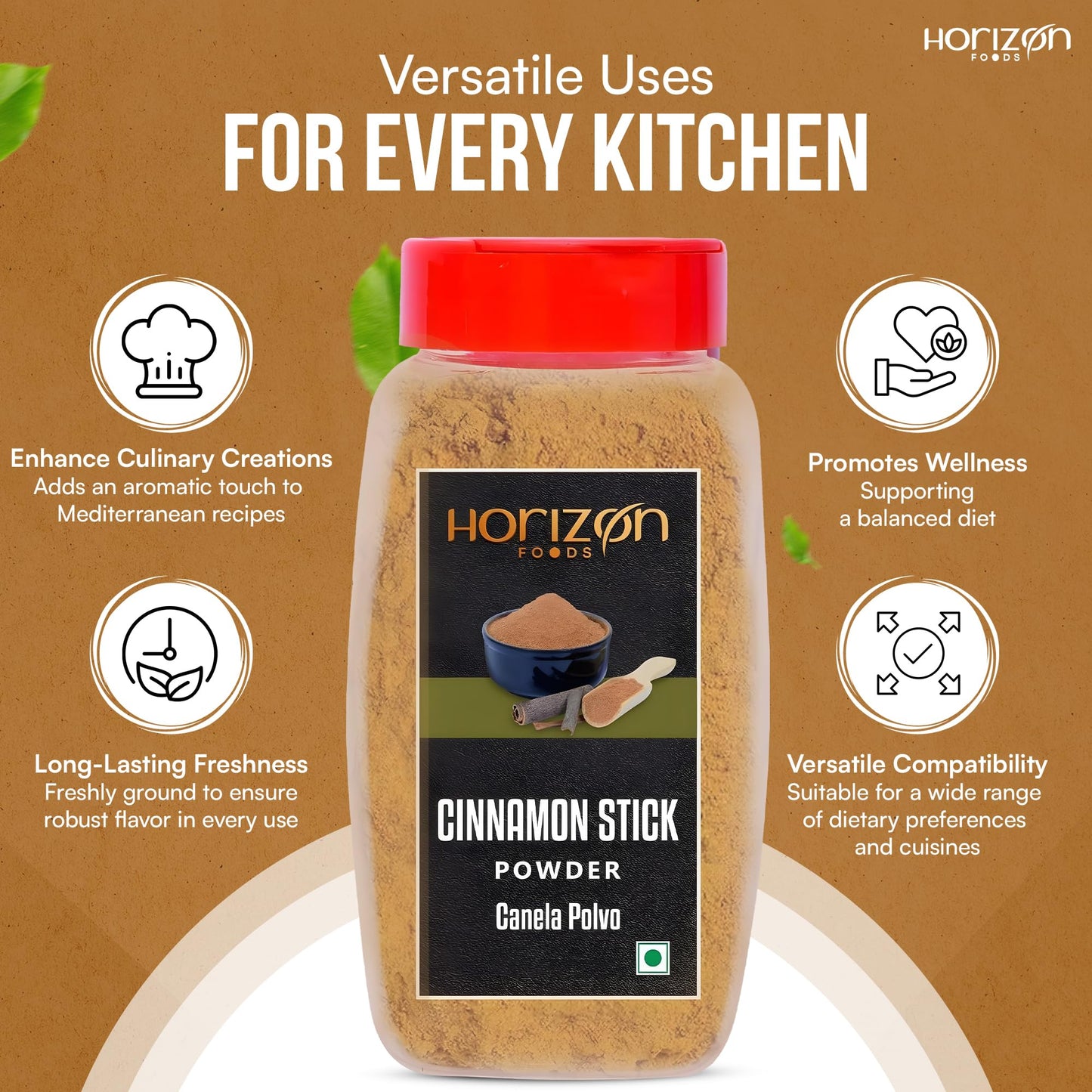 Horizon Foods Enhanced Ground Cinnamon Powder - 100 Grams Freshly Ground Cinnamon Sticks For Baking, Cooking & Seasonings - Ideal For Cinnamon Rolls, Mediterranean Food Recipes & Spices Gift Sets