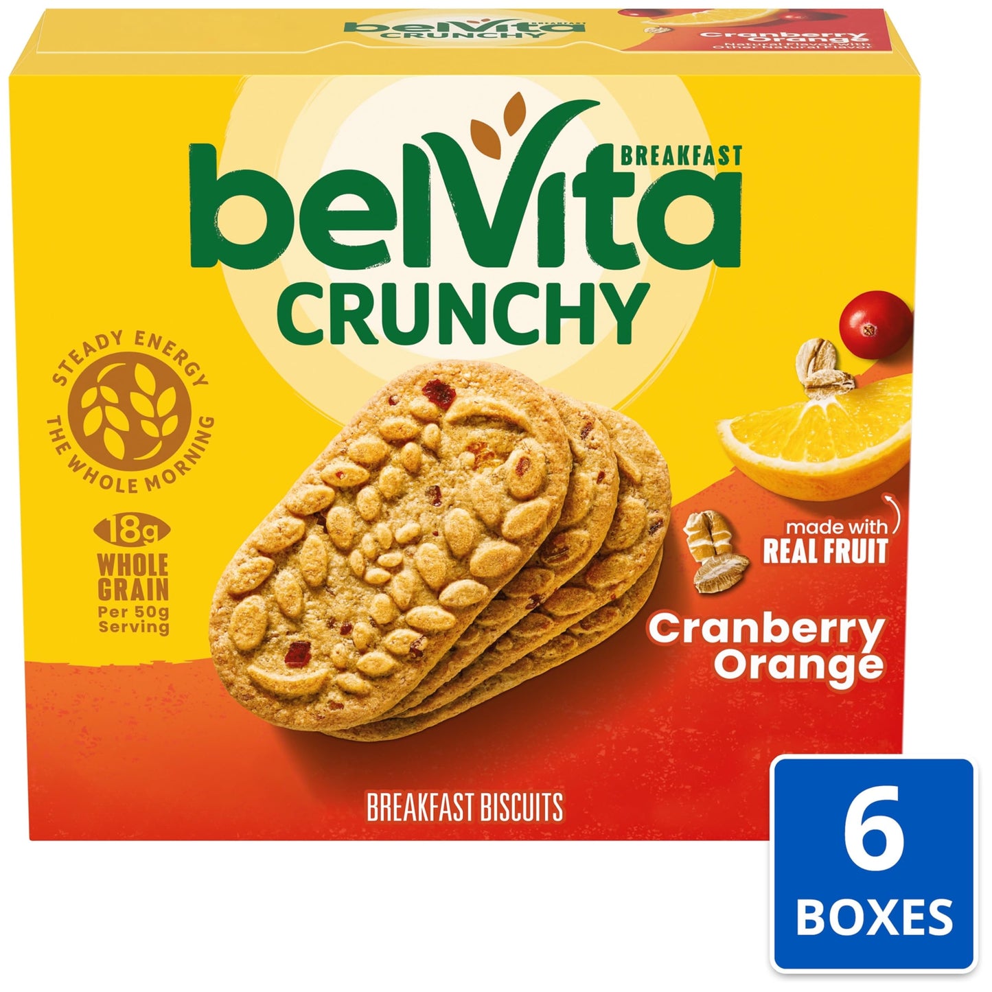 belVita Breakfast Bars Biscuits, Cranberry Orange, 30 Total Packs, 6 Boxes (4 Biscuits Per Pack)
