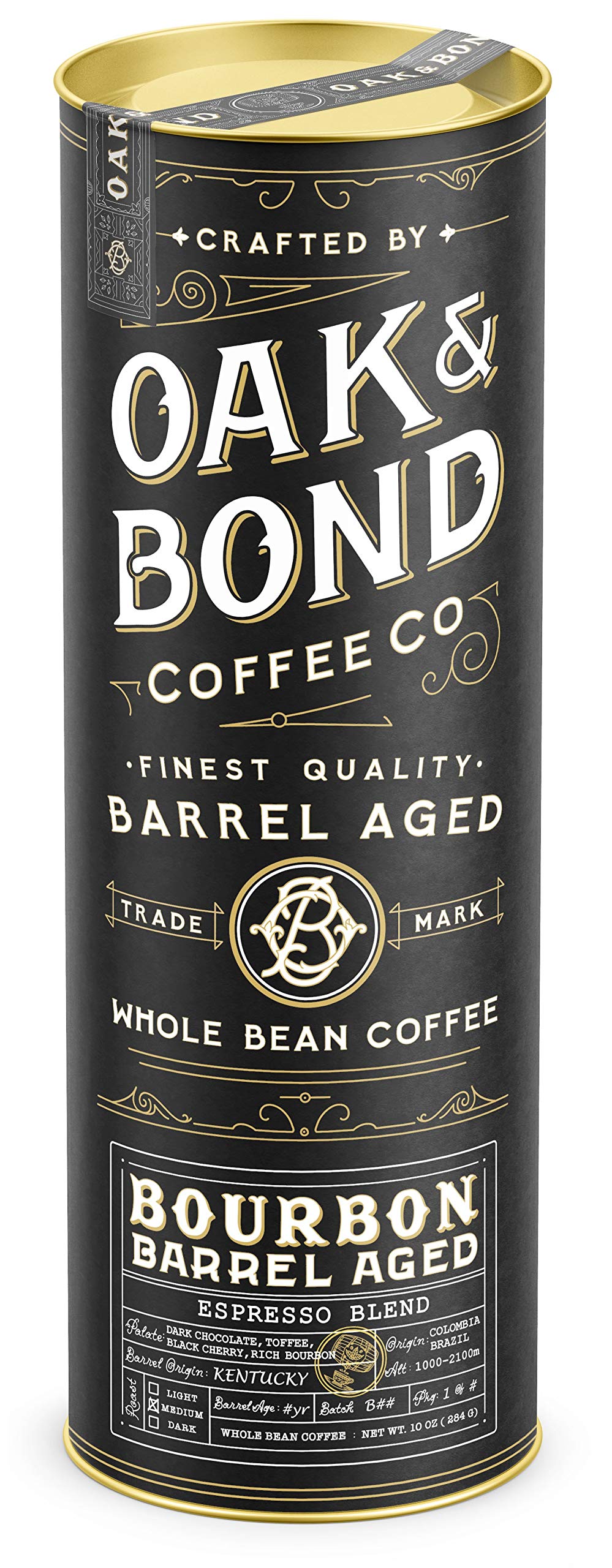 OAK & BOND Espresso Bourbon Barrel Aged Coffee, Whole Bean Arabica, Dark Roast, 10oz, Black