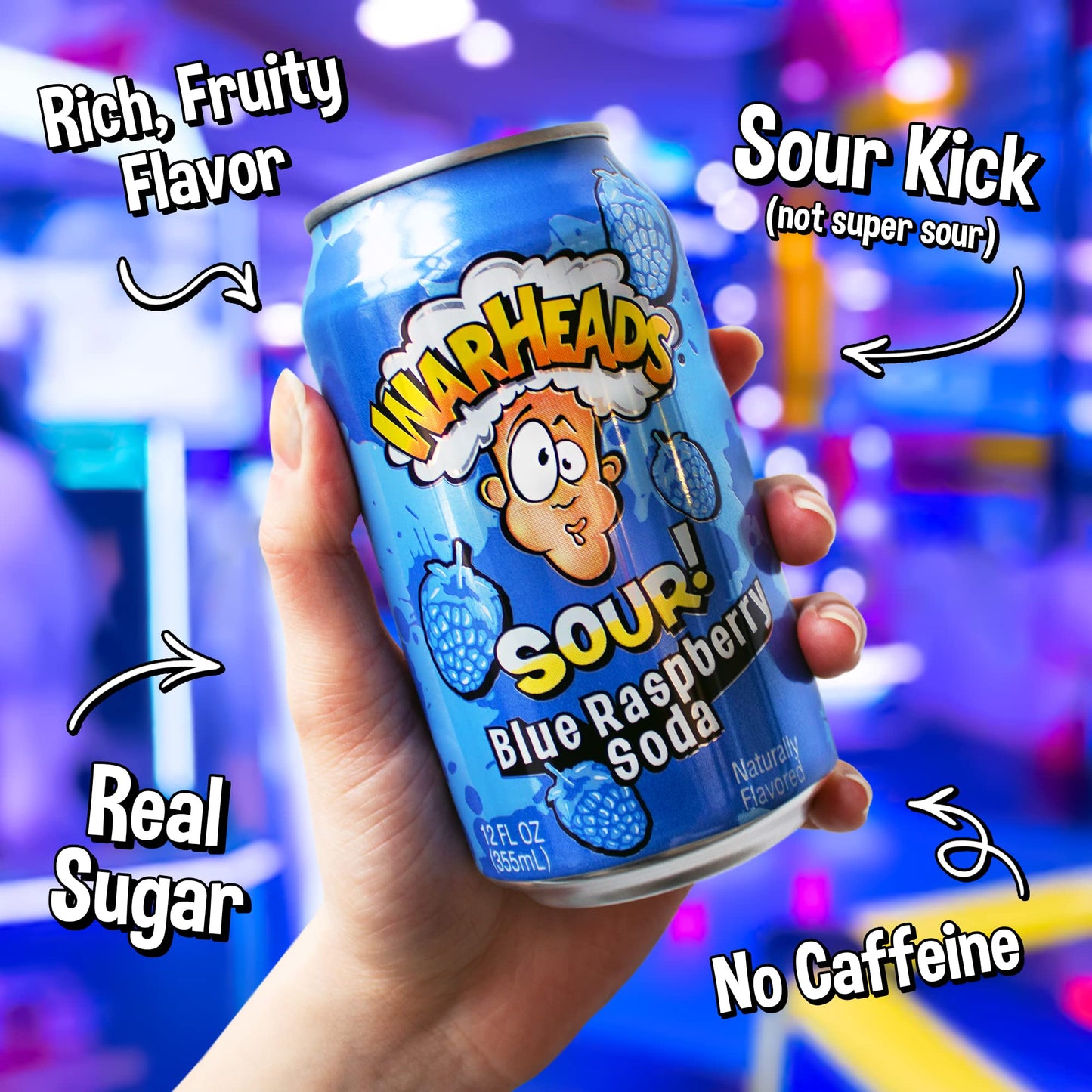 Warheads Soda - Sour Fruity Soda, Blue Raspberry Flavor, 12 Fl Oz Cans, Pack of 12
