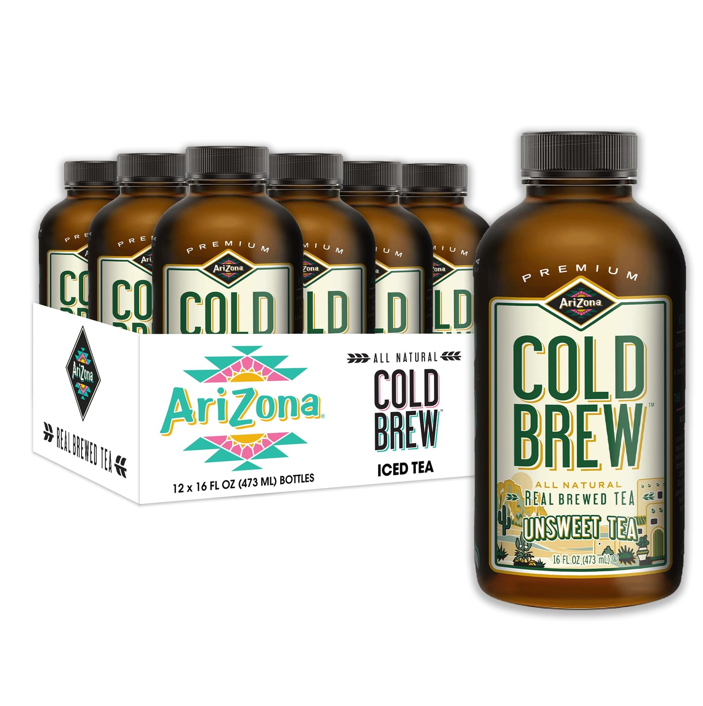 AriZona Unsweet Black Tea - Premium Cold Brew Iced Tea - Sugar Free, 16 Fl Oz (Pack of 12)