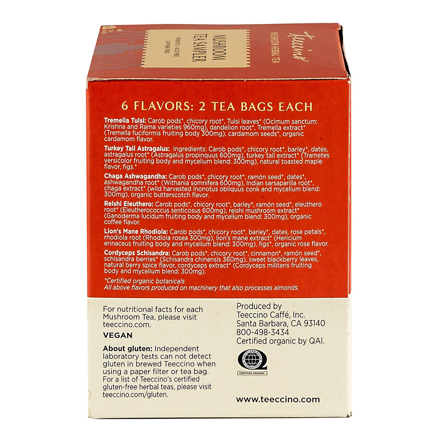 Teeccino Mushroom Herbal Tea Sampler - 12 Tea Bags - Caffeine Free, Acid Free, Prebiotic