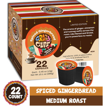 Crazy Cups Spiced Gingerbread Flavored Coffee Pods, Holiday Coffee, Single Serve Coffee For Keurig K Cups Machines, Medium Roast Coffee In Recyclable Pods(Pack Of 1, 22 Count Total)