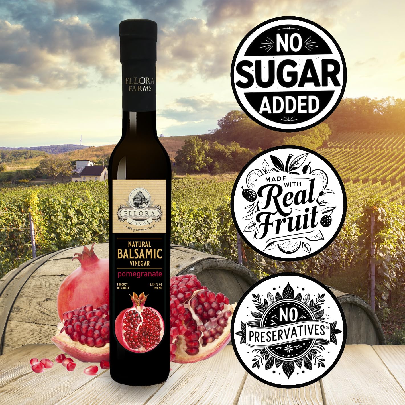 Ellora Farms Pomegranate Infused Balsamic Vinegar, No Added Sugar, 8.45 oz, Glass Bottle, Pack of 1