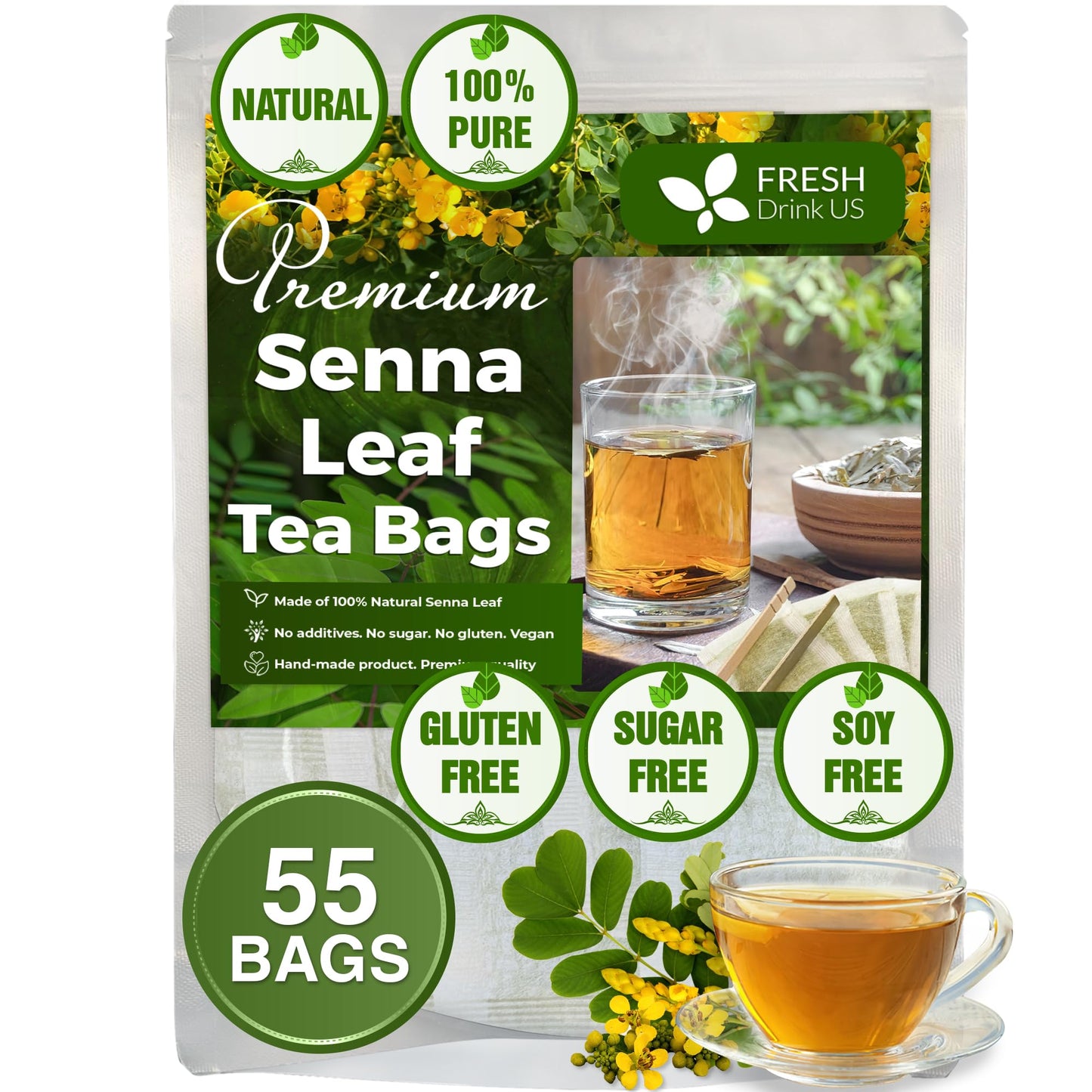FRESHDRINKUS Premium Senna Leaf Tea Bags, 100% Natural Herbal Tea, 55 Tea Bags, Vegan, No Sugar, No Caffeine, Gluten-Free