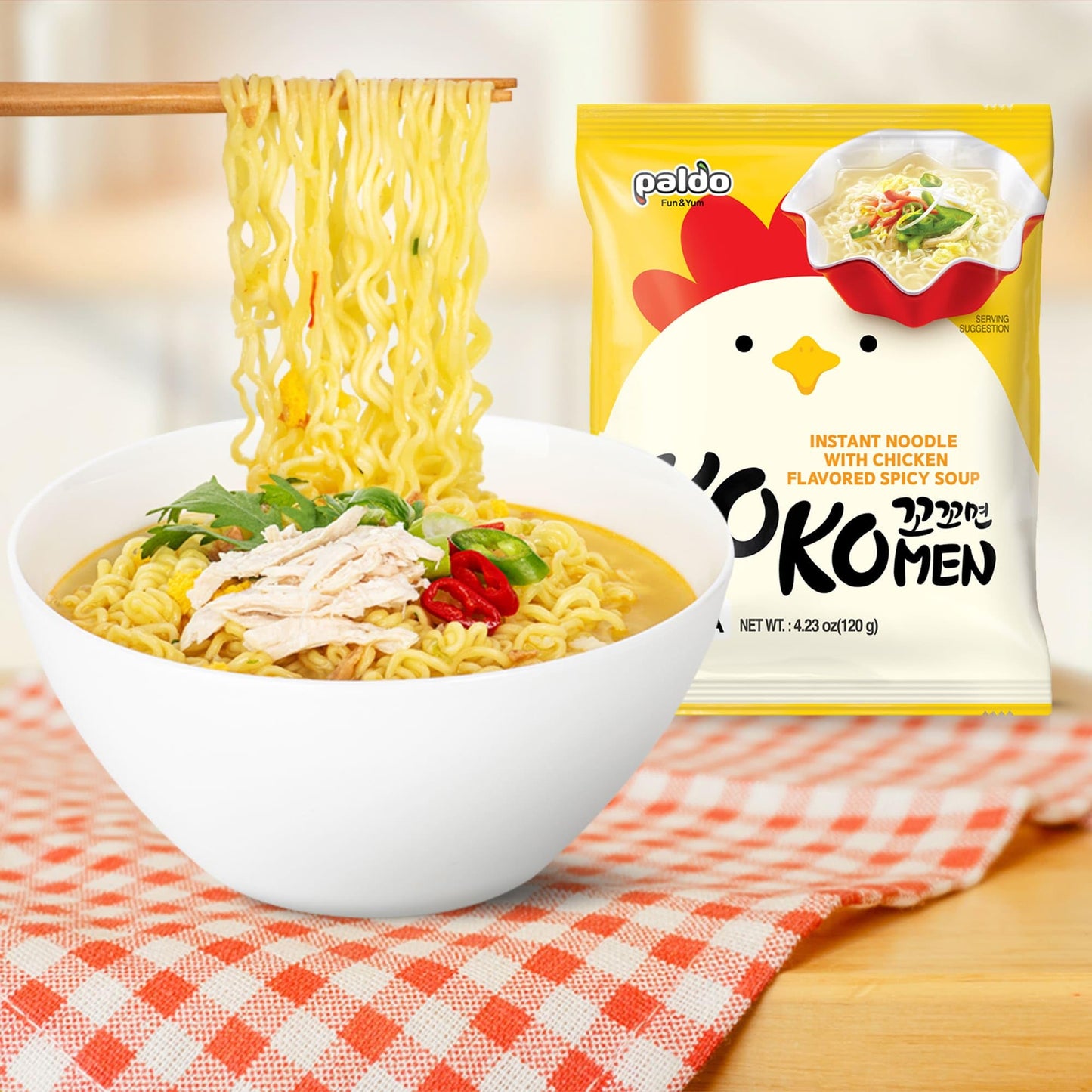 Paldo Fun & Yum Kokomen Ramen Hot Spicy Instant Noodles with Soup, Pack of 20, Chicken Based Broth, Oriental Style Korean Ramyun