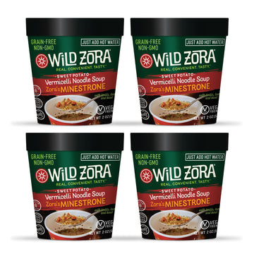 WILD ZORA Instant Vermicelli Noodle Soup, Gluten Free, Minestrone Flavor, 4 Cups, 2 Ounce Each
