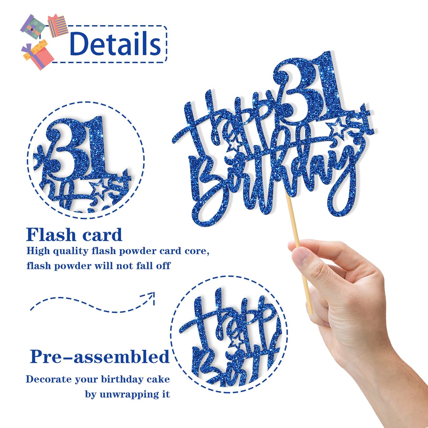 Roadsea Happy 31St Birthday Cake Topper - Girl Boy 31 Years Old Birthday Cake Supplies - 31St Birthday Party Decorations - Blue