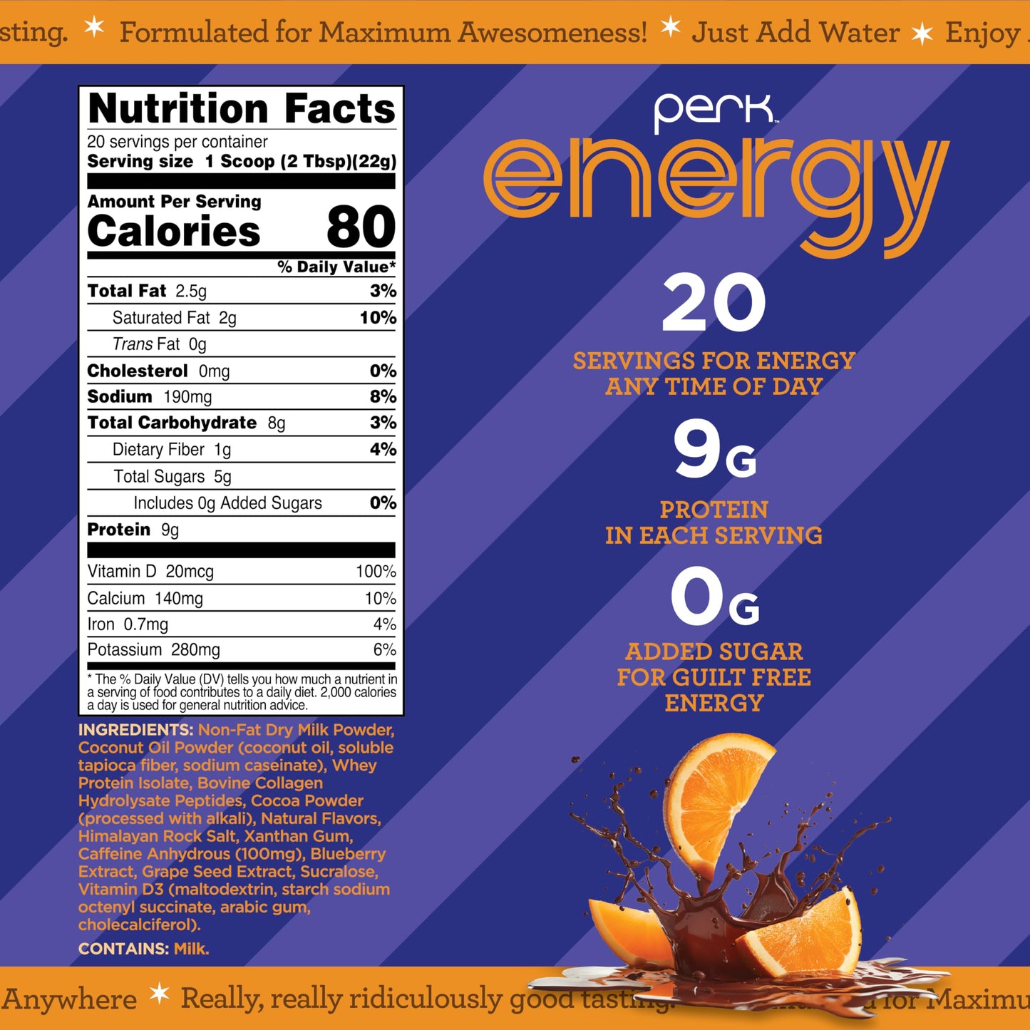 Perk Energy Original Chocolate Orange Flavored (20 Servings) - Gluten Free  Soy Free and Peanut Free