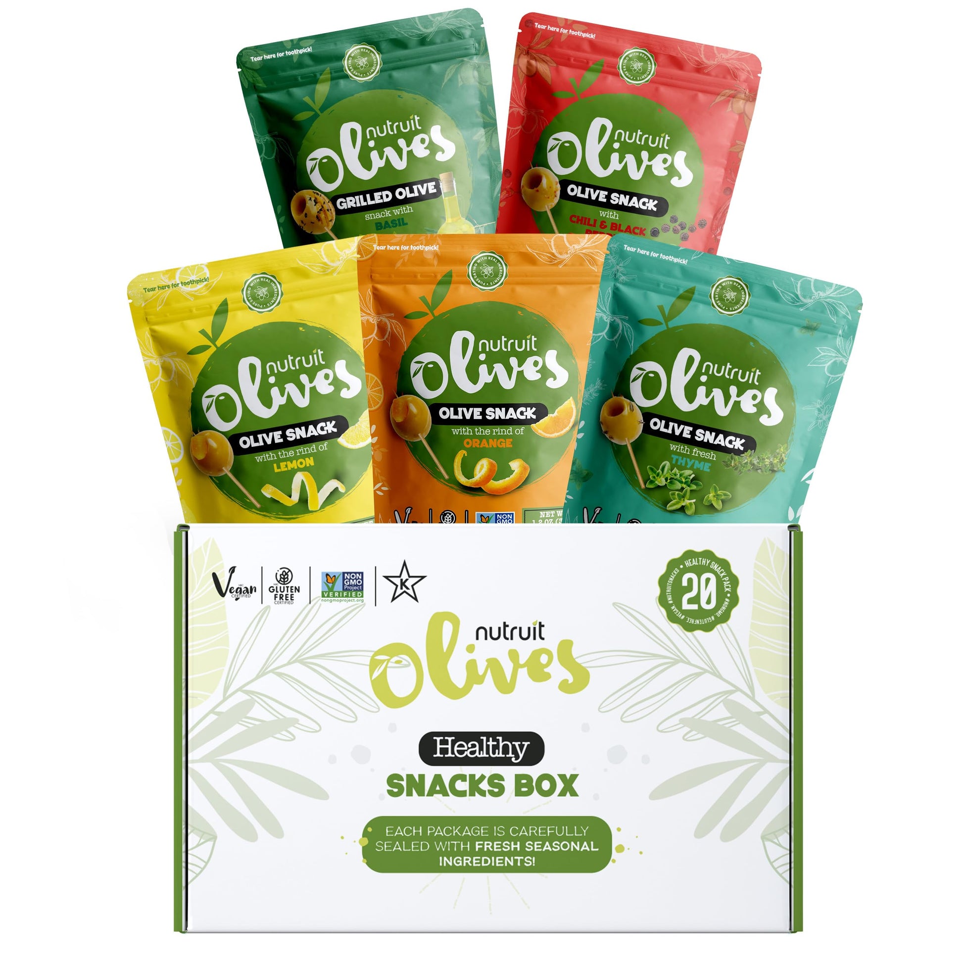 Nutruit Olives Snacks - Pitted Aegean Green Olives, Vegan, Non-GMO, Gluten Free - 1.2oz Variety Box (Pack of 20)