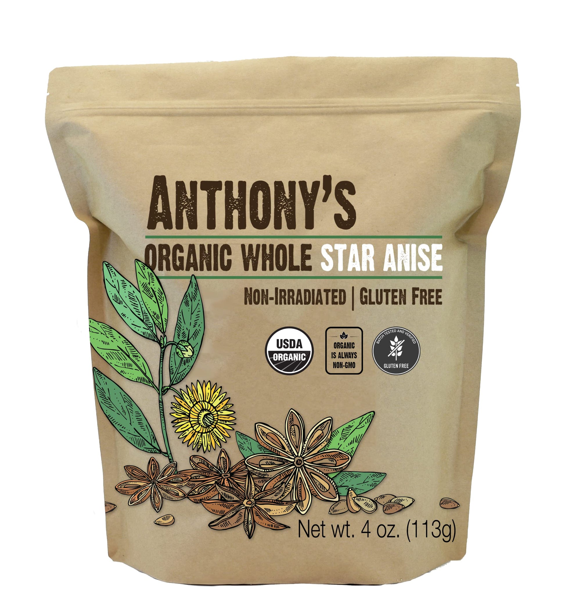 Anthonys Organic Whole Star Anise 4 Oz Non Irradiated Non Gmo Gluten Free