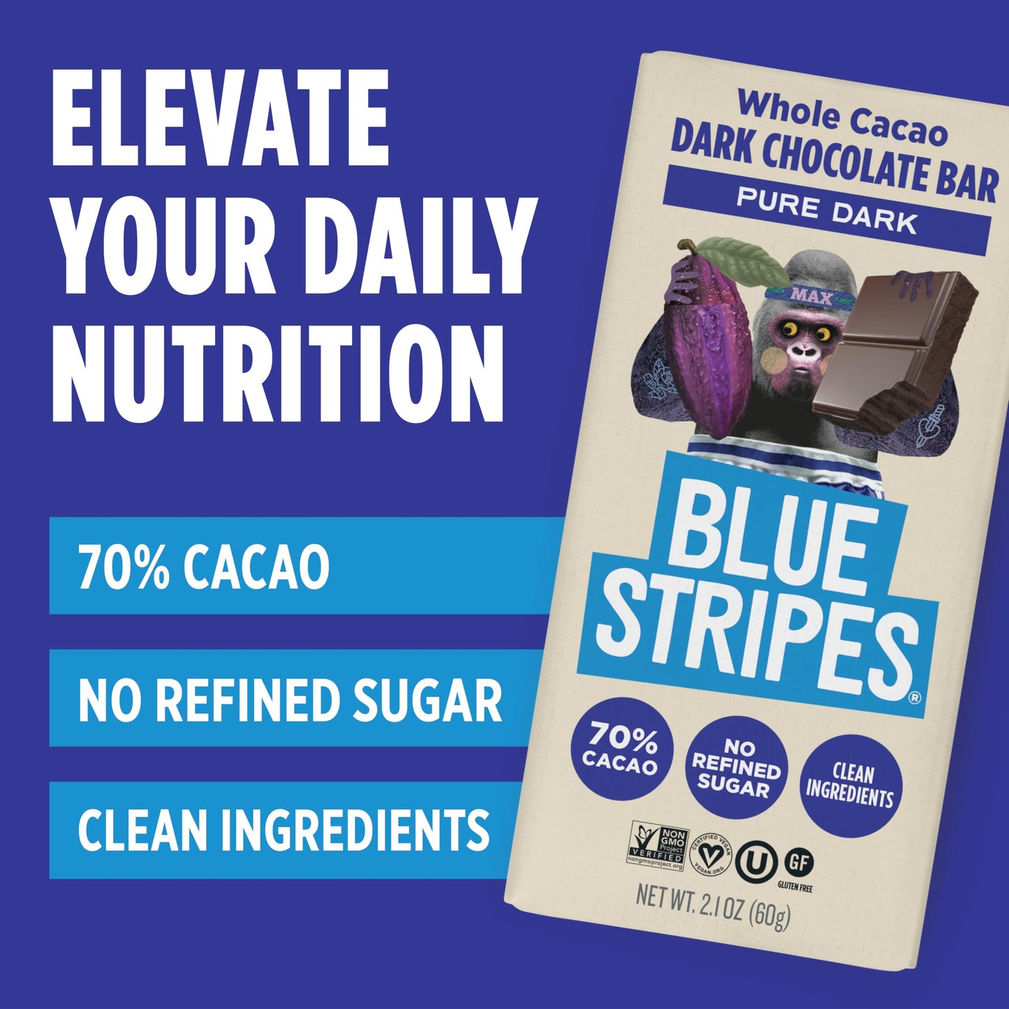 Blue Stripes - Pure Dark Whole Cacao Chocolate Bars, 70% Cacao Bar, Healthy Chocolate, Vegan, No Refined Sugar, Non GMO, Gluten