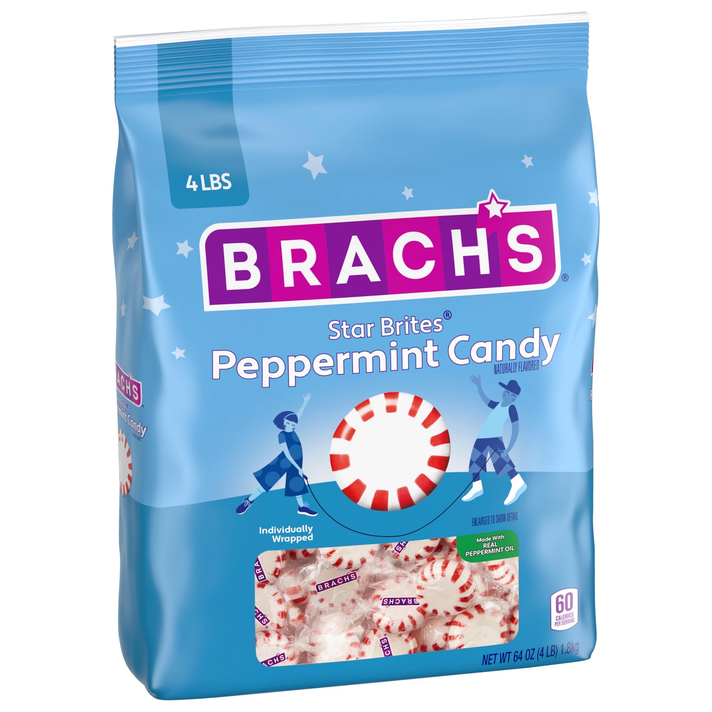 Brachs Star Brites Peppermint Candy, Individually Wrapped, 4 lbs, 360 ct, Red and White