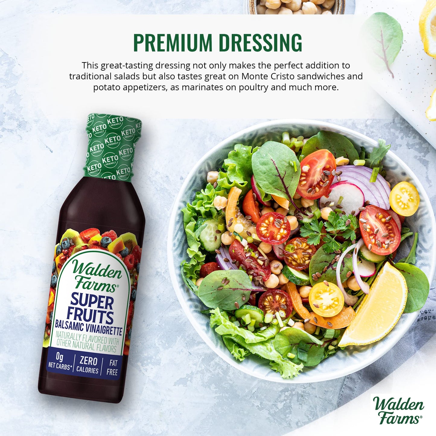 Walden Farms Super Fruits Balsamic Vinaigrette Dressing 12 oz. Bottle - Sweet and Tangy, Vegan, Kosher & Keto Friendly, Dairy Fr