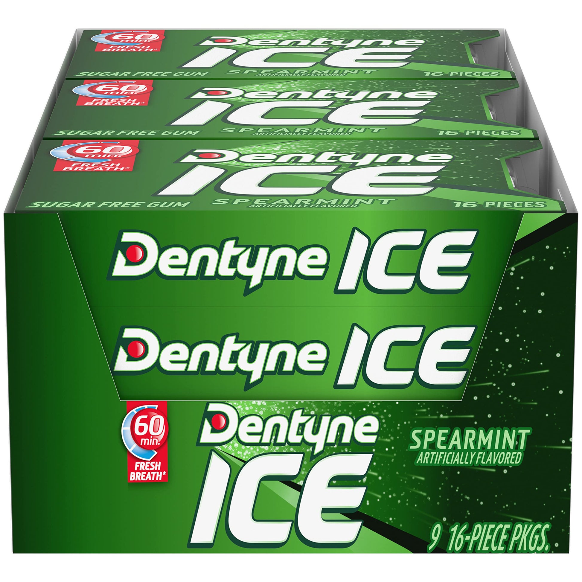 Dentyne Ice Spearmint Sugar Free Gum, 9 Packs Of 16 Pieces (144 Total Pieces)