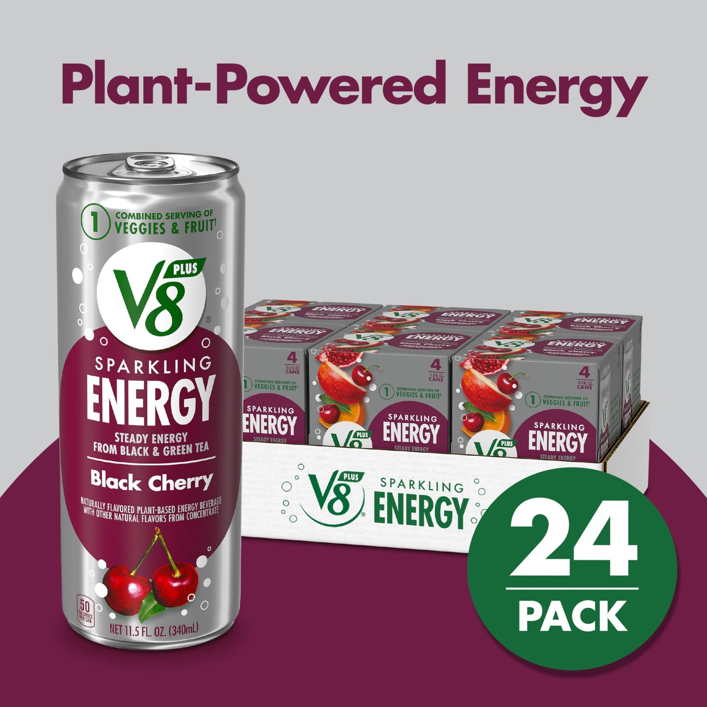 V8 +ENERGY Black Cherry Energy Drink, 11.5 FL OZ Can, Pack of 24, Made with Real Juices