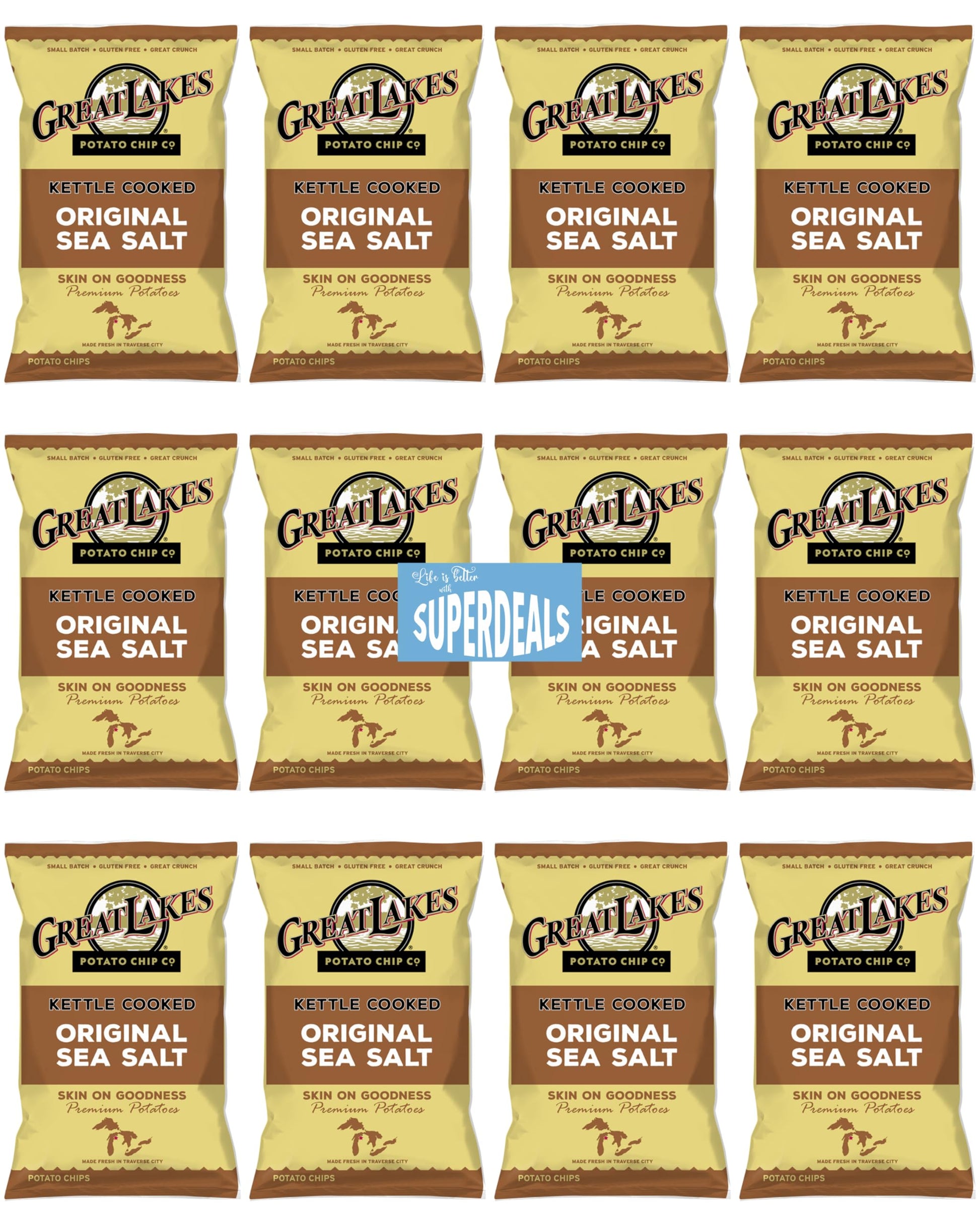Kettle Cooked Potato Chips by Great Lakes Value Pack Bundled by SUPERDEALS | 1.375 Oz Bag | Original Sea Salt | Pack of 12 with 
