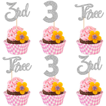 24 PCS 3rd Birthday Cupcake Toppers Glitter Third Birthday One Cupcake Picks Number 3 Cake Toppers for Baby Shower Kids 3rd Birt