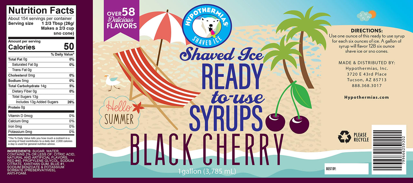 Hypothermias Black Cherry Ready to Use Gallon (128 Fl. Oz) Hawaiian Snow Cone Flavors Syrup - Shaved Ice, 100% Pure Cane Sugar