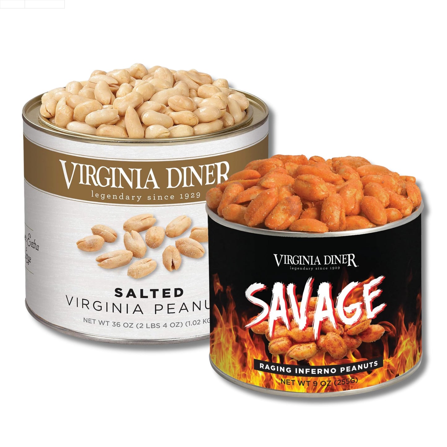 LYZAS SWEETS & TREATS Gift Bundle - Virginia Diner Salted Peanuts (36oz) & Savage Raging Inferno Peanuts (9oz) - Resealable Cans
