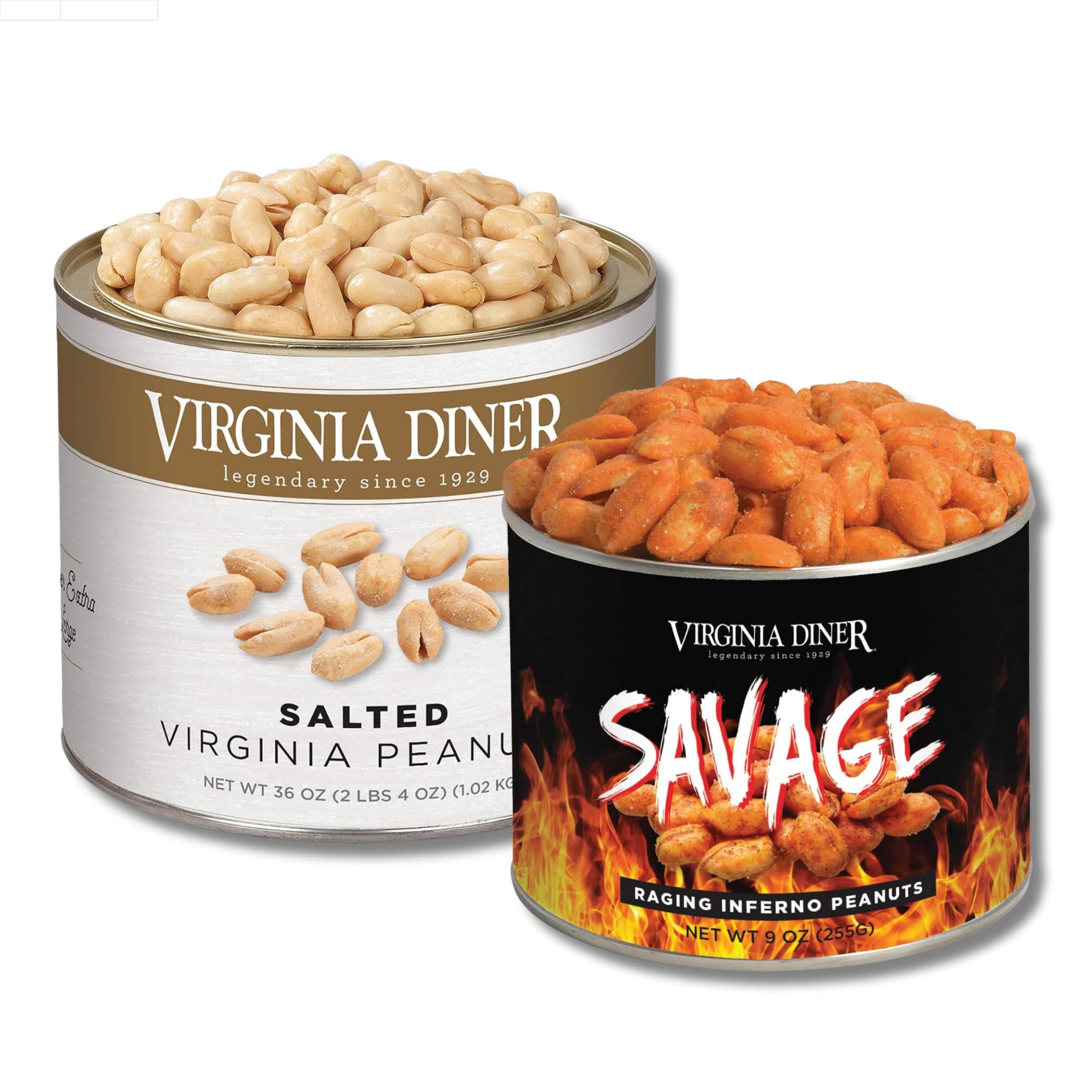 LYZAS SWEETS & TREATS Gift Bundle - Virginia Diner Salted Peanuts (36oz) & Savage Raging Inferno Peanuts (9oz) - Resealable Cans