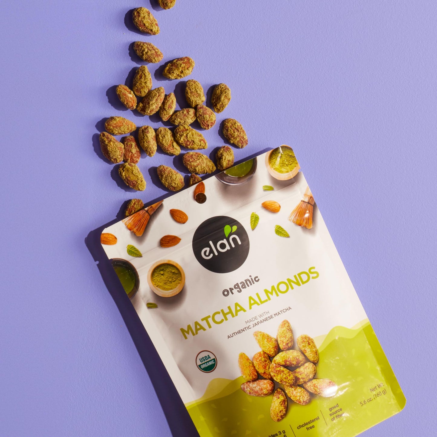 Elan Organic Matcha Almonds  5.6 oz  Non-GMO  Gluten-Free  Vegan  Kosher  Superfood Infused Nuts (Roasted Almonds  Coconut  Matcha Green Tea Powder)  Source of Antioxidants (Vitamin A)
