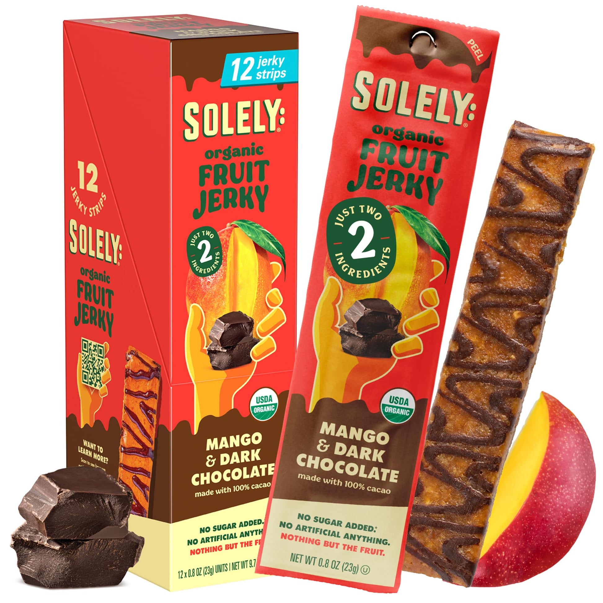 SOLELY - Organic Mango Chocolate Drizzled Fruit Jerky - 12 Individually Wrapped Strips - Fruit Leather Made from Dried Fruit - H