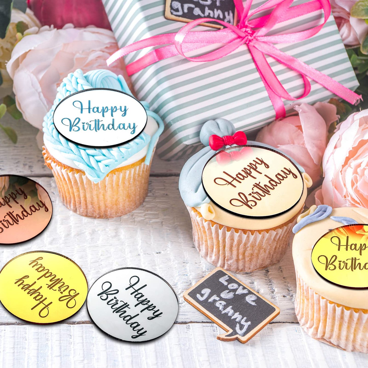 30 Pcs Acrylic Cupcake Toppers Happy Birthday Cake Disc Mirror Acrylic Cake Topper Engraved Personalized Cake Topper Mini Acryli