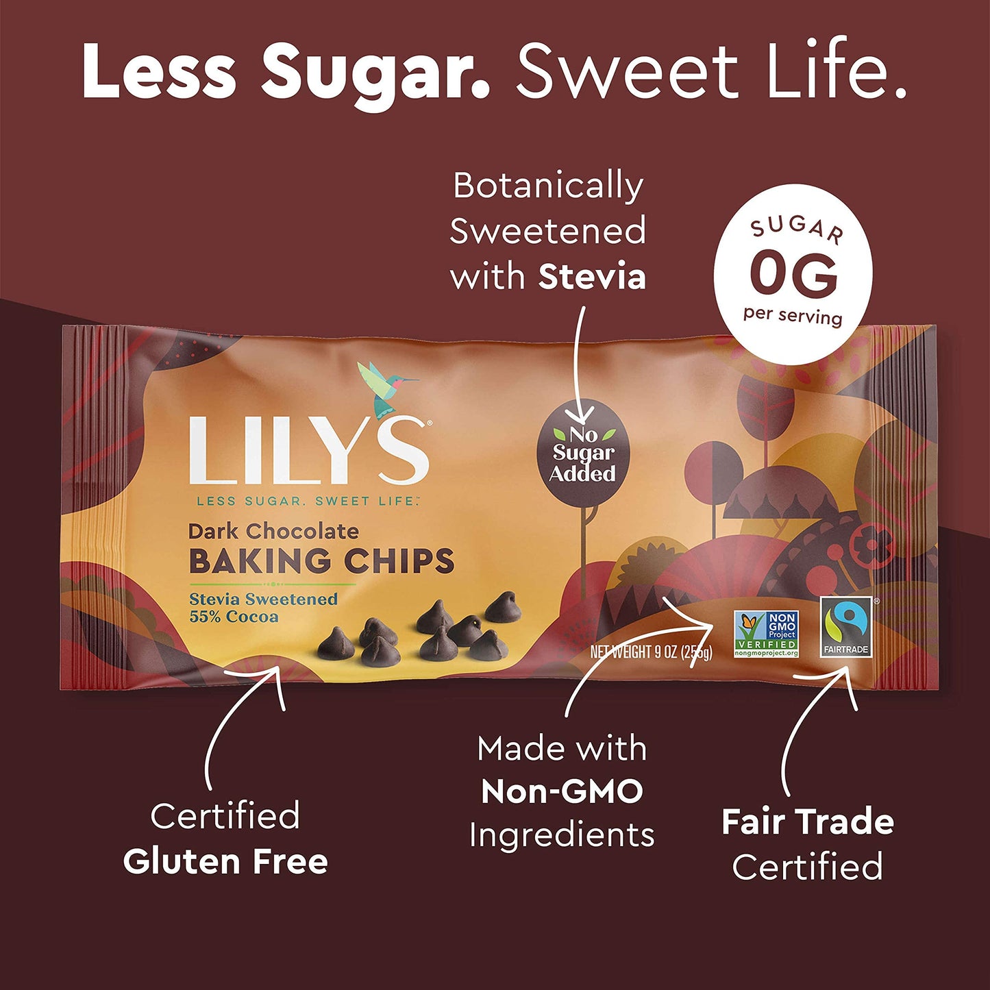 Dark Chocolate Baking Chips By Lily'S |Stevia Sweetened, No Added Sugar, Low-Carb, Keto Friendly | 55% Cocoa | Fair Trade, Vegan