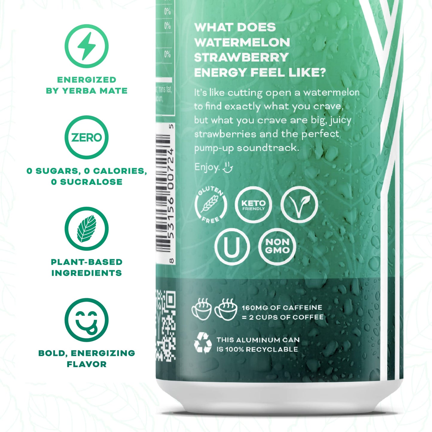 Yerbaé Watermelon Strawberry Functional Energy Drink - 0 Sugar, 0 Calories, 0 Carbs. Yerbae Is Energized By Yerba Mate, Plant-Based, Healthy Alternative To Sugary Energy Drinks, 16Oz Cans (12 Pack)