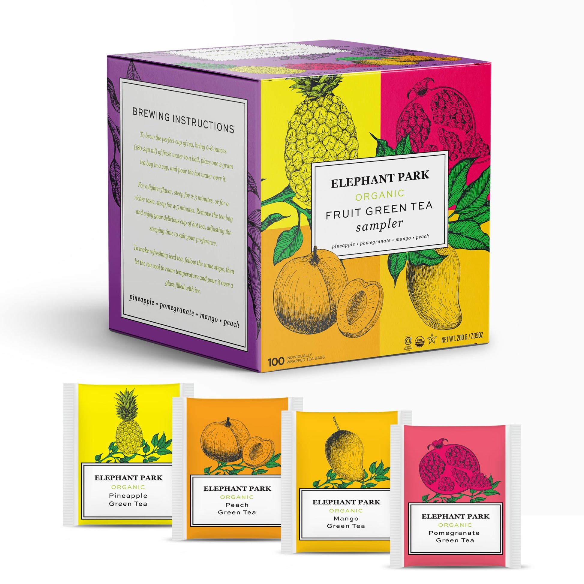 Elephant Park Organic Fruit Green Tea Sampler, 100 Assorted Bags, Caffeinated & Herbal, Pineapple, Pomegranate, Mango, Peach Flavors