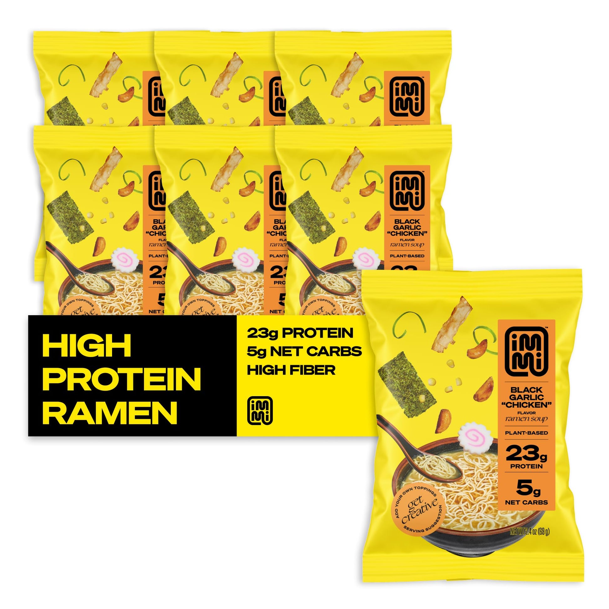 immi Black Garlic ''Chicken'' Ramen, 100% Plant Based, Keto Friendly, Low Carb, High Protein, Packaged Noodle Meal Kit, Ready to