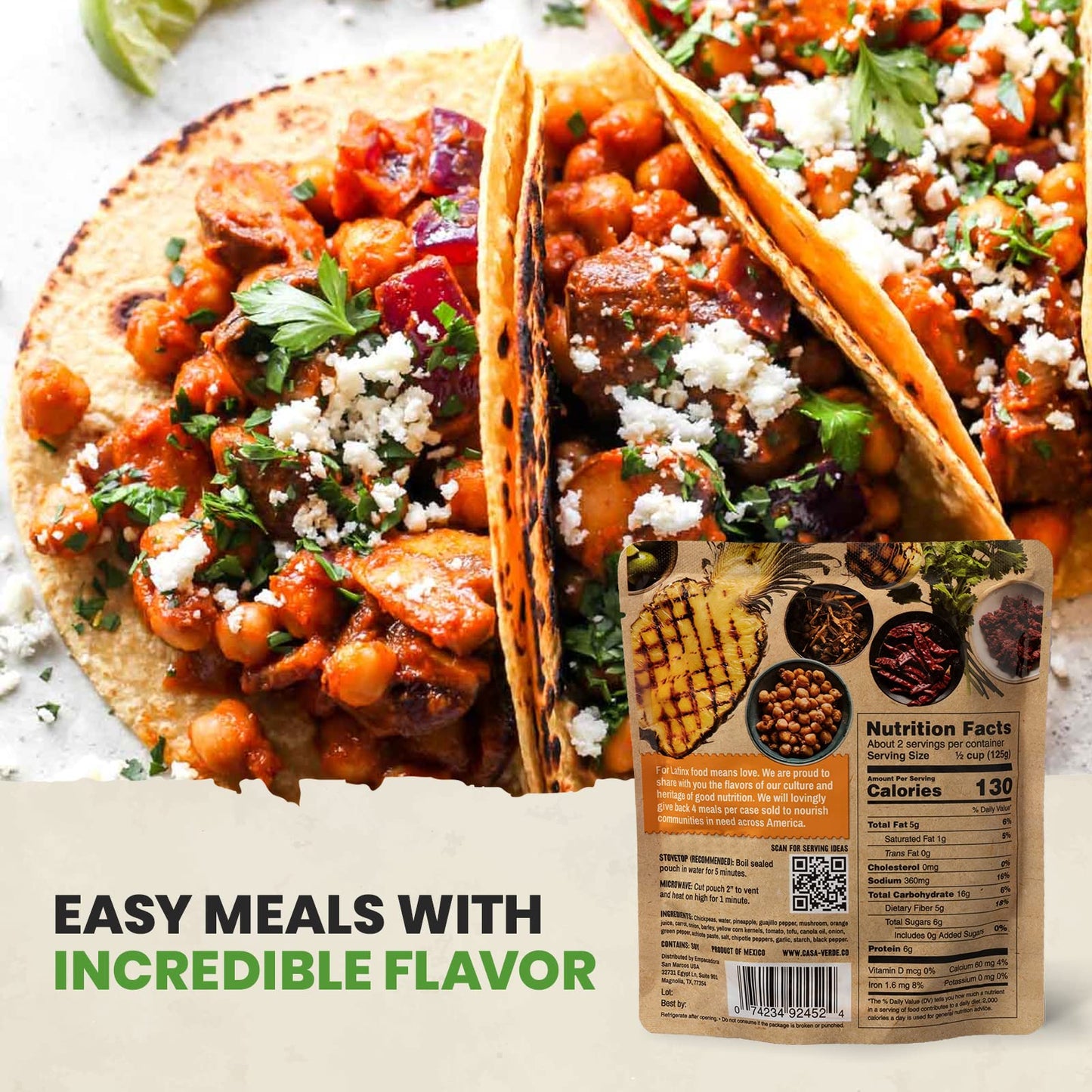 Casa Verde | Mexican Garbanzos Al Pastor, 100% Natural Food - Pack Of 6 - Real Taste | 100% Vegan & Non-Gmo, Plant-Based, No Pre