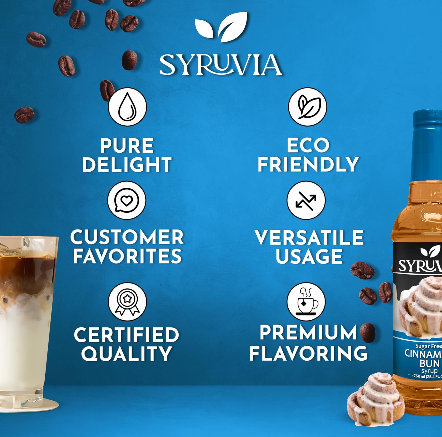 Syruvia Sugar-Free Cinnamon Bun Coffee Syrup - 25.4 Fl Oz Premium Coffee Flavoring Syrup - 0 Calorie- Kosher Coffee Syrups, Glut