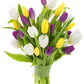 Blooms2Door Fresh Tulips Combo Pack - 30 Count, Purple, Yellow, White - Perfect for Gifts, Anniversaries, Mothers Day