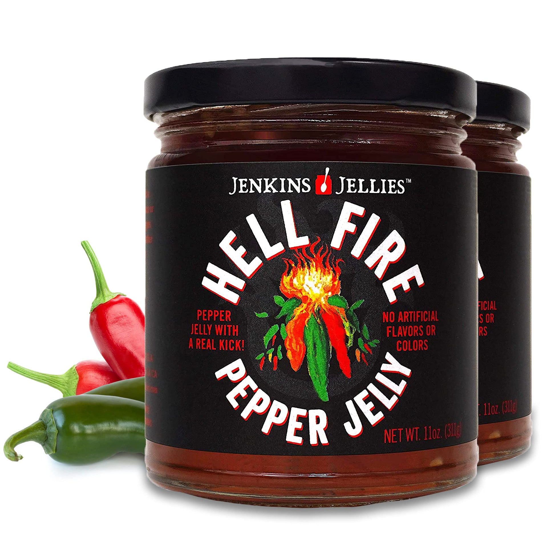 JENKINS JELLIES Hell Fire Hot Pepper Jelly - Sweet & Spicy Jalapeño - Gluten Free, Vegan - 2 x 11 Ounces