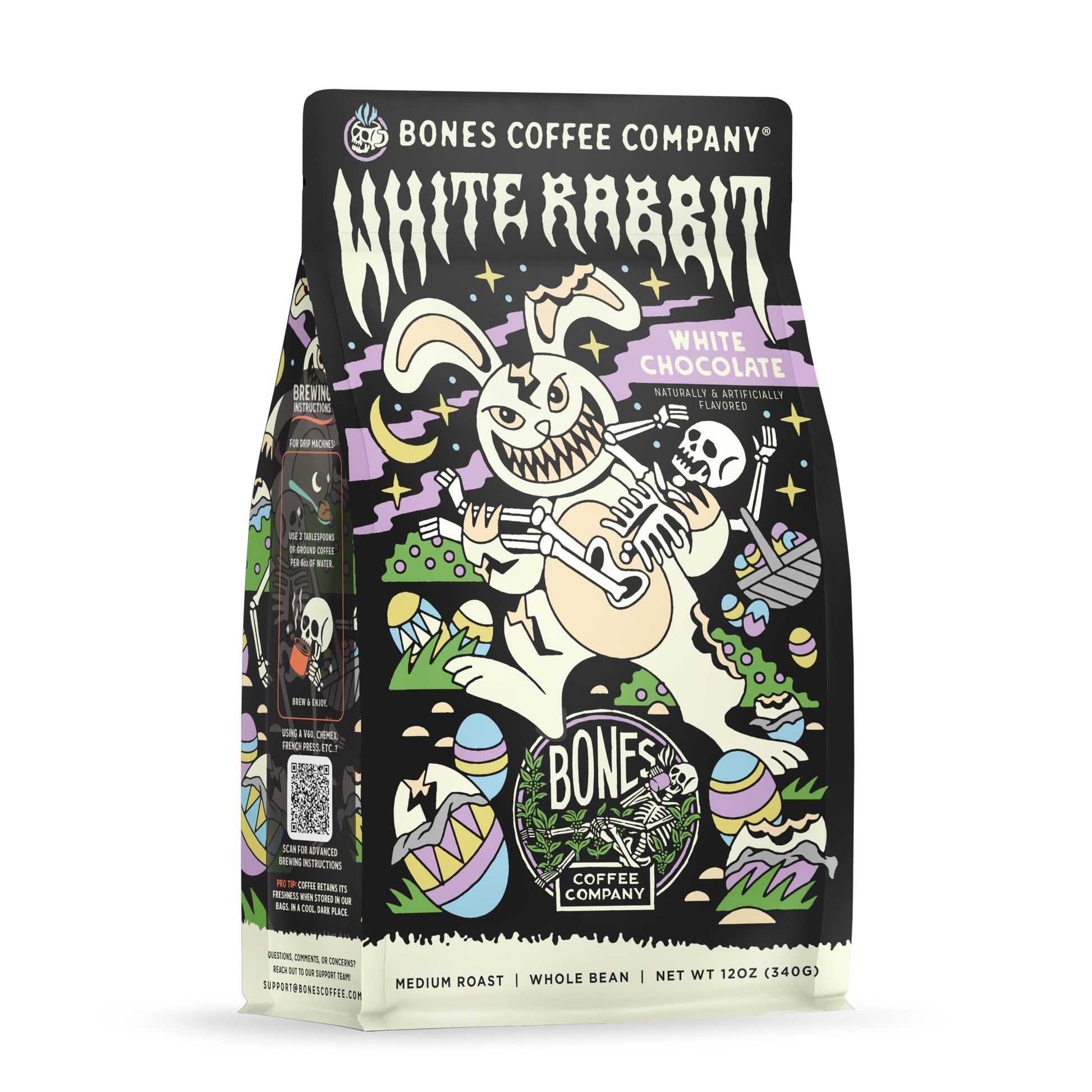 Bones Coffee Company White Rabbit  White Chocolate Flavored Coffee  Medium Roast Low Acid Arabica Beans Compatible With Auto Drip And French Press Coffee Maker  12 Oz Whole Bean