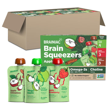 Brainiac Applesauce Variety Pack Pouches, Apple, Apple-Cinnamon & Apple-Strawberry Flavors, Unsweetened Applesauce with Vitamin 