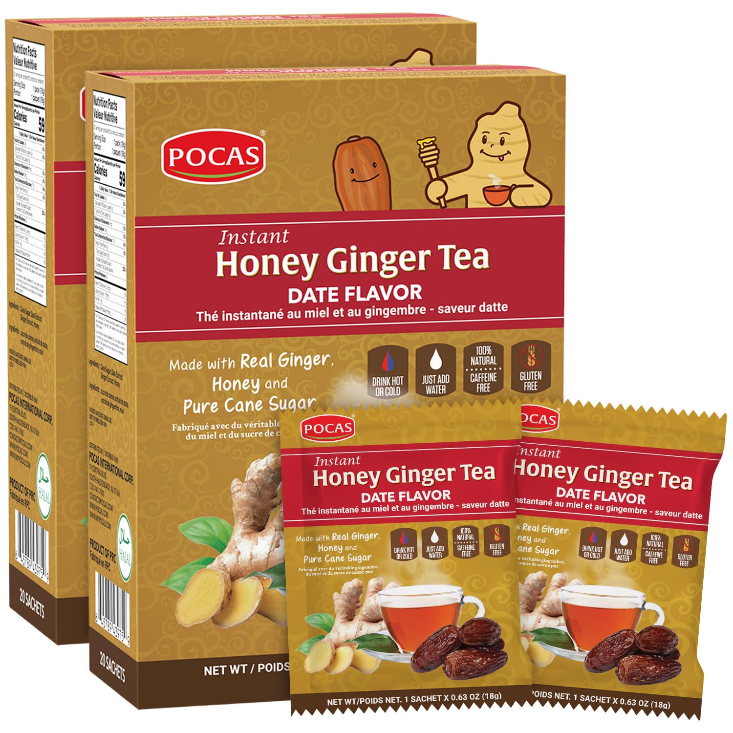 Pocas Honey Ginger Tea, 20 Count, Date Flavor, Pack of 2