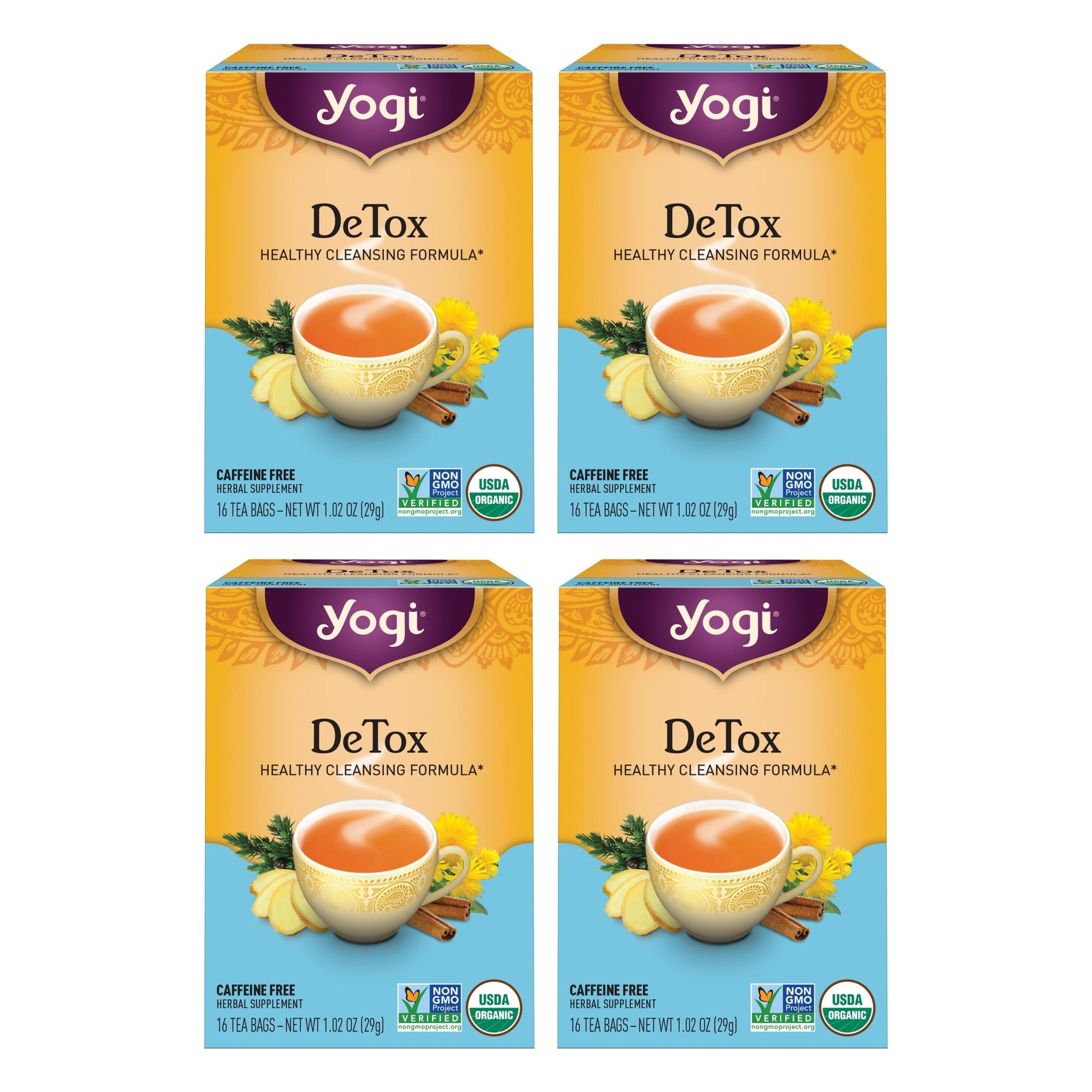 Yogi Tea DeTox Tea - Healthy Herbal Cleansing Formula - Caffeine Free - 64 Organic Tea Bags - 16 Count (Pack of 4)
